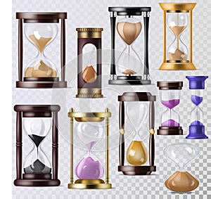 Sandglass vector glass clock with flowing sand and hourglass clocked in time illustration clocking alarm timer to