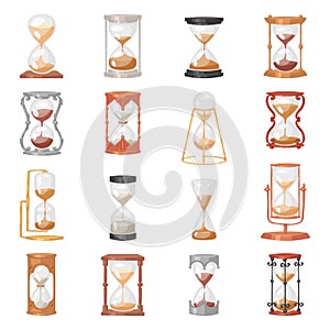 Sandglass vector glass clock with flowing sand and hourglass clocked in time illustration clocking alarm timer to photo