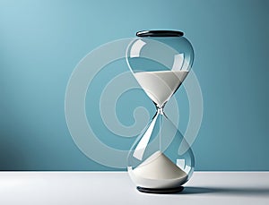 A sandglass with white sand on a clear blue background. Symbol of the transience of time. Minimalist style photo