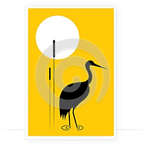 Sandhill crane silhouette and sun illustration, vector. Scandinavian minimalism art design