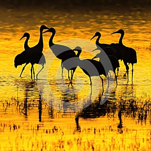 Sandhill Cranes are silhouetted at sunset in pond