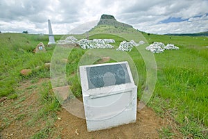 Sandlwana hill or Sphinx with soldiers graves in foreground, the scene of the Anglo Zulu battle site of January 22, 1879. The