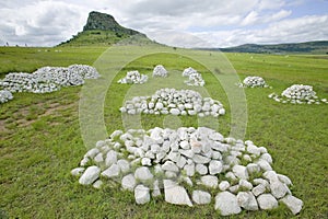 Sandlwana hill or Sphinx with soldiers graves in foreground, the scene of the Anglo Zulu battle site of January 22, 1879. The