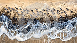 Sandpipers shift in perfect harmony, creating hypnotic shoreline patterns.