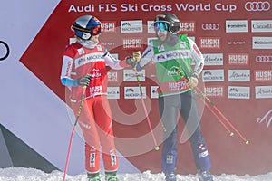 Sandra Naeslund of Sweden 1st place and Fanny Smith of Switzerland 3rd place at the Women`s Audi FIS Ski Cross World Cup Race