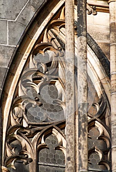 Sandstone arch windows of gothical church
