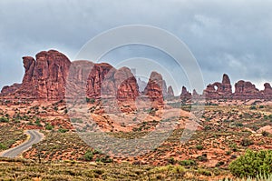 Sandstone Arches and Rock Spires of Arches National Park in Utah, United States