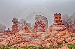Sandstone Arches and Rock Spires of Arches National Park in Utah, United States