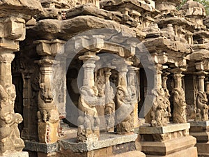 Sandstone carvings of Lion sculpture in the pillars of ancient kanchi Kailasanathar temple in Kanchipuram