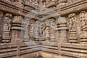 Sandstone carvings on the walls of the ancient 13th century sun temple at Konark, Odisha, India. Incredible India