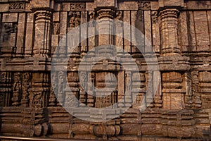 Sandstone carvings on the walls of the ancient 13th century sun temple at Konark, Odisha, India. Incredible India