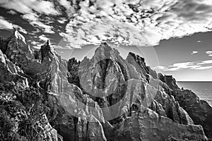 Sandstone cliffs forming strange shapes and textures