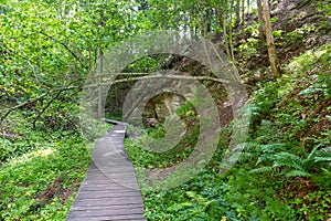 Sandstone cliffs and walkway in Hinni canyon (Hinni kanjon) Estonia