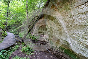 Sandstone cliffs and walkway in Hinni canyon (Hinni kanjon) Estonia