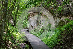 Sandstone cliffs and walkway in Hinni canyon (Hinni kanjon) Estonia