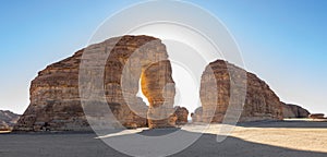 Sandstone elephant rock erosion monolith standing in the desert, Al Ula photo