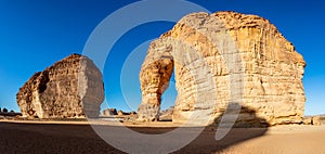 Sandstone elephant rock erosion monolith standing in the desert, Al Ula, Saudi Arabia photo