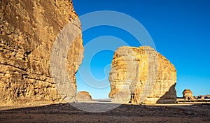 Sandstone elephant rock erosion monolith standing in the desert, Al Ula, Saudi Arabia photo