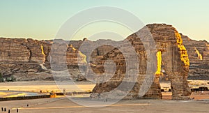 Sandstone elephant rock erosion monolith standing in the desert, Al Ula, Saudi Arabia photo