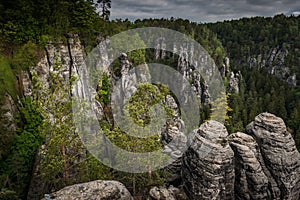 Sandstone formations and beautiful forest in springtime. Bastei Aqueduct Bastei Bridge in Saxon Switzerland