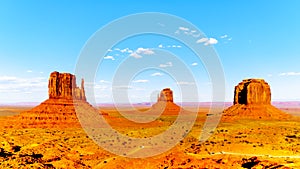 The sandstone formations of East and West Mitten Buttes and Merrick Butte in Monument Valley