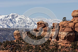 Sandstone hoodoos with snowy mountains in the background