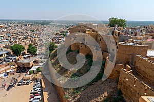 Sandstone made beautiful balcony,  jharokha, stone window and exterior of Jaisalmer fort. UNESCO World heritage site overlooking