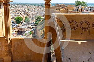 Sandstone made beautiful balcony,  jharokha, stone window and exterior of Jaisalmer fort. UNESCO World heritage site overlooking