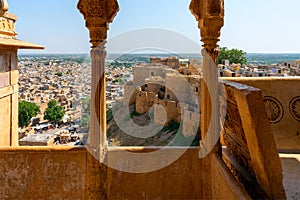 Sandstone made beautiful balcony, jharokha,stone window and exterior of Jaisalmer fort. UNESCO World heritage site overlooking