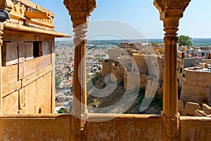 Sandstone made beautiful balcony, jharokha,  stone window and exterior of Jaisalmer fort. UNESCO World heritage site overlooking