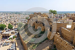 Sandstone made beautiful balcony, jharokha, stone window and exterior of Jaisalmer fort. UNESCO World heritage site overlooking