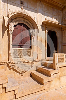 Sandstone made beautiful balcony, jharokha,stone window and exterior of Rani Mahal or Rani Ka Mahal, inside Jaisalmer fort.