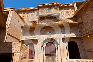 Sandstone made beautiful balcony,  jharokha, stone window and exterior of Rani Mahal or Rani Ka Mahal, inside Jaisalmer fort.