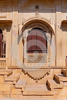 Sandstone made beautiful balcony,jharokha, stone window and exterior of Rani Mahal or Rani Ka Mahal, inside Jaisalmer fort.