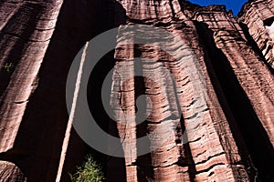 Sandstone rock formations eroded by water and wind in the Talampaya Canyon National Park, archaeological and paleontological site