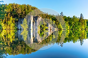Sandstone rock towers reflected in Vezak Pond, Czech: Vezicky rybnik, Bohemian Paradise, Czech: Cesky Raj, Czech