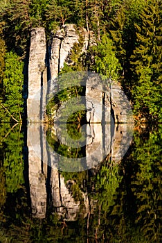 Sandstone rock towers reflected in Vezak Pond, Czech: Vezicky rybnik, Bohemian Paradise, Czech: Cesky Raj, Czech