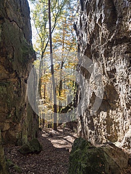 Sandstone rock wall, gate or tunnel at colorful autumn deciduous tree forest at sunny day. Nature park Kokoronsko, Czech