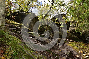 Sandstone rocks with a through opening in the Kamenny Gorod tract in the Middle Urals in the Perm Territory