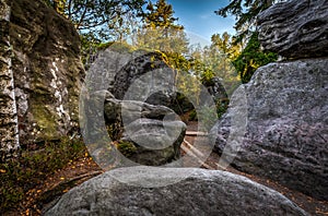 Sandstone rocks on the top of Table mountains with wooden walkways