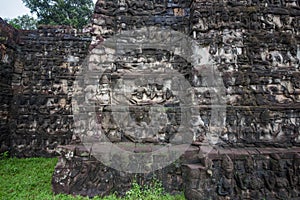 Sandstone sculptures depicting demons, serpents, known as Hell Phum or the underground city around the courtyard