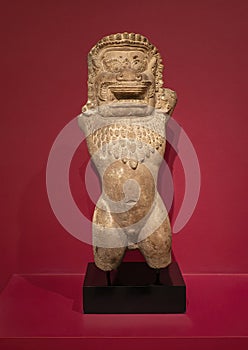 Sandstone 10th century rearing man-lion on display in the Dallas Museum of Art in Dallas, Texas.