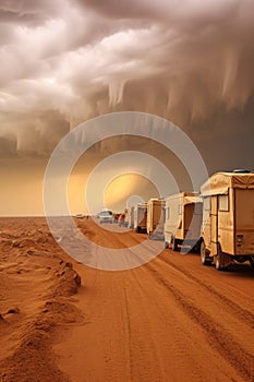 sandstorm approaching caravans on the horizon