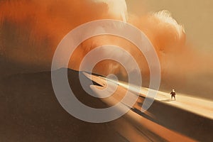 Sandstorm in desert and hiking man photo