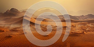 Sandstorm in desert. wind and orange sand clouds. Dunes landscape. Generative AI