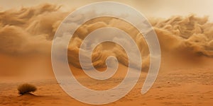 Sandstorm in desert. wind and orange sand clouds. Dunes landscape. Generative AI