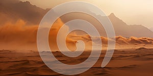 Sandstorm in desert. wind and orange sand clouds. Dunes landscape. Generative AI