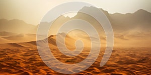 Sandstorm in desert. wind and orange sand clouds. Dunes landscape. Generative AI