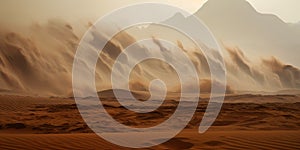 Sandstorm in desert. wind and orange sand clouds. Dunes landscape. Generative AI