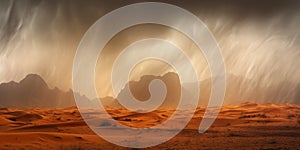 Sandstorm in desert. wind and orange sand clouds. Dunes landscape. Generative AI